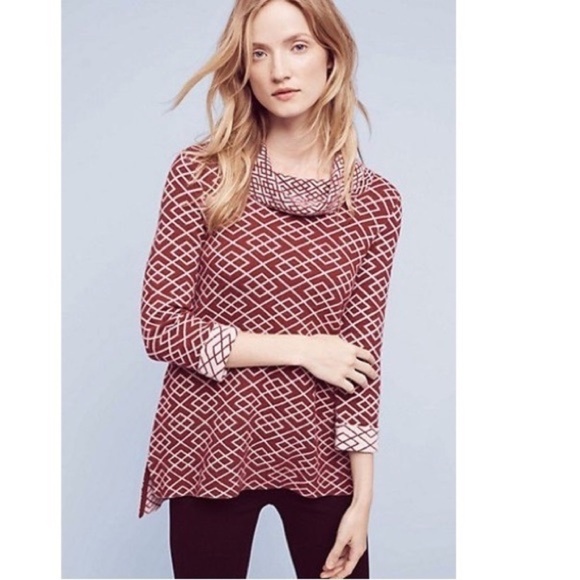 Anthropologie MOTH Galena Cowl Neck Sweater Maroon Pink Jacquard Geometric Small - Picture 1 of 14